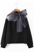 Women Long Sleeve Elastic Cuff Ribbon Attached Lovely Sweatshirt