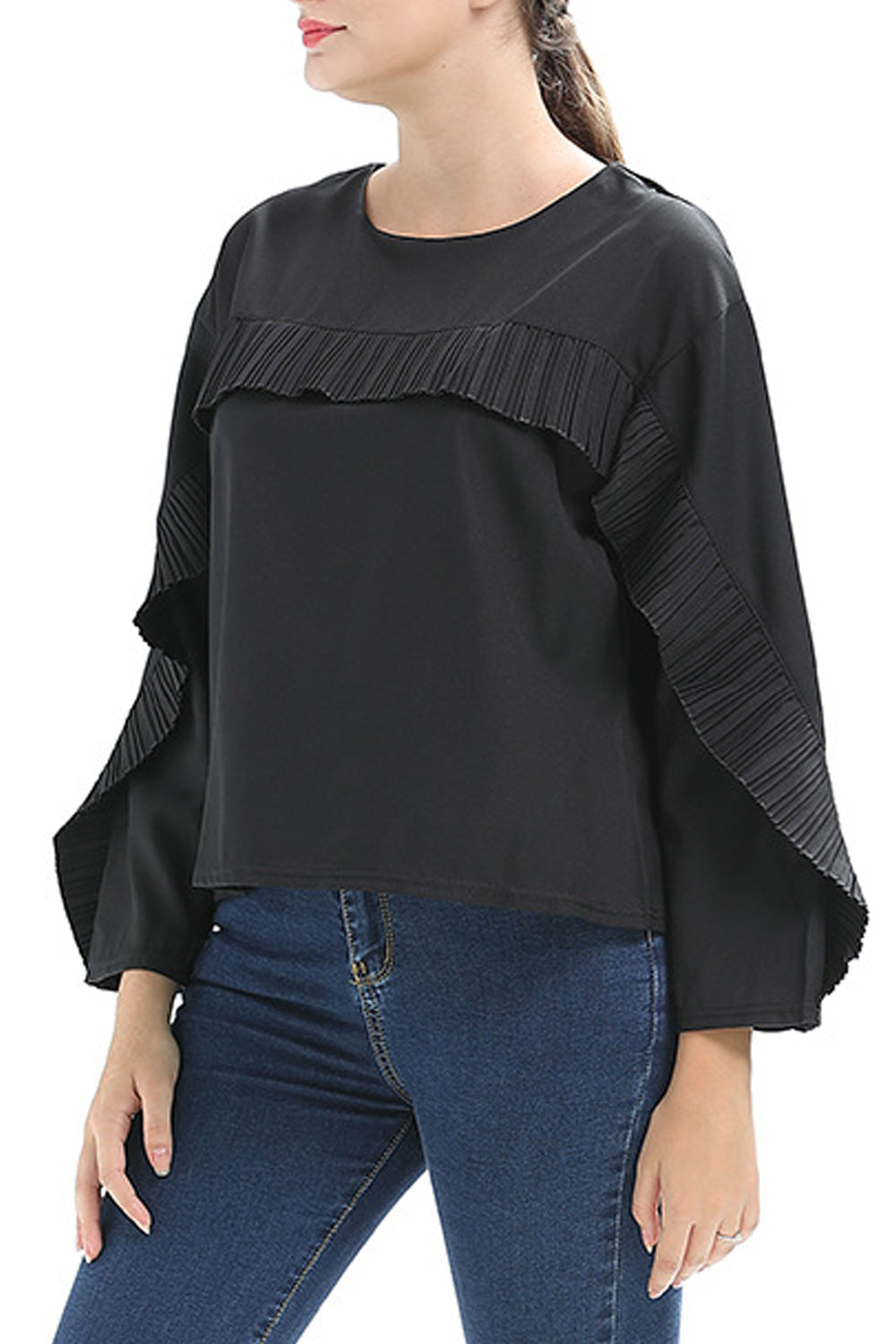 Women Convenient Round Neck Long Sleeve Ruffled Style ShirtUnique style makes you more elagant and attractive. Just check out th