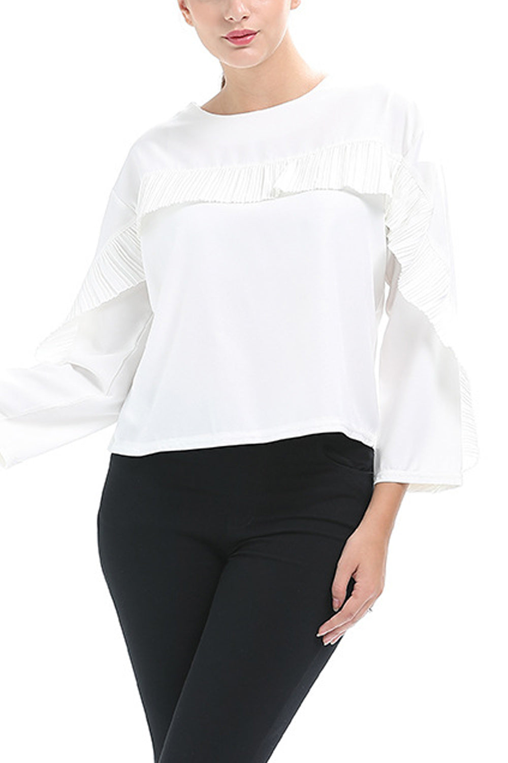 Women Convenient Round Neck Long Sleeve Ruffled Style ShirtUnique style makes you more elagant and attractive. Just check out th