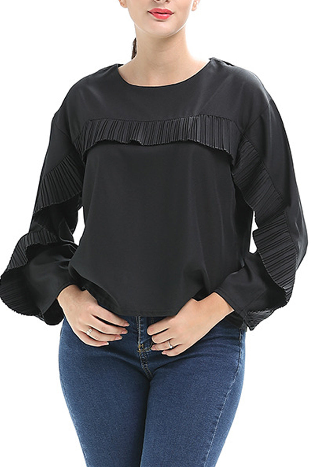 Women Convenient Round Neck Long Sleeve Ruffled Style ShirtUnique style makes you more elagant and attractive. Just check out th