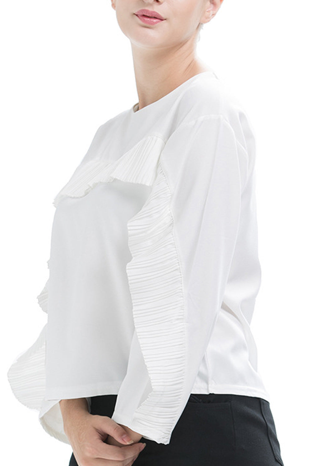 Women Convenient Round Neck Long Sleeve Ruffled Style ShirtUnique style makes you more elagant and attractive. Just check out th