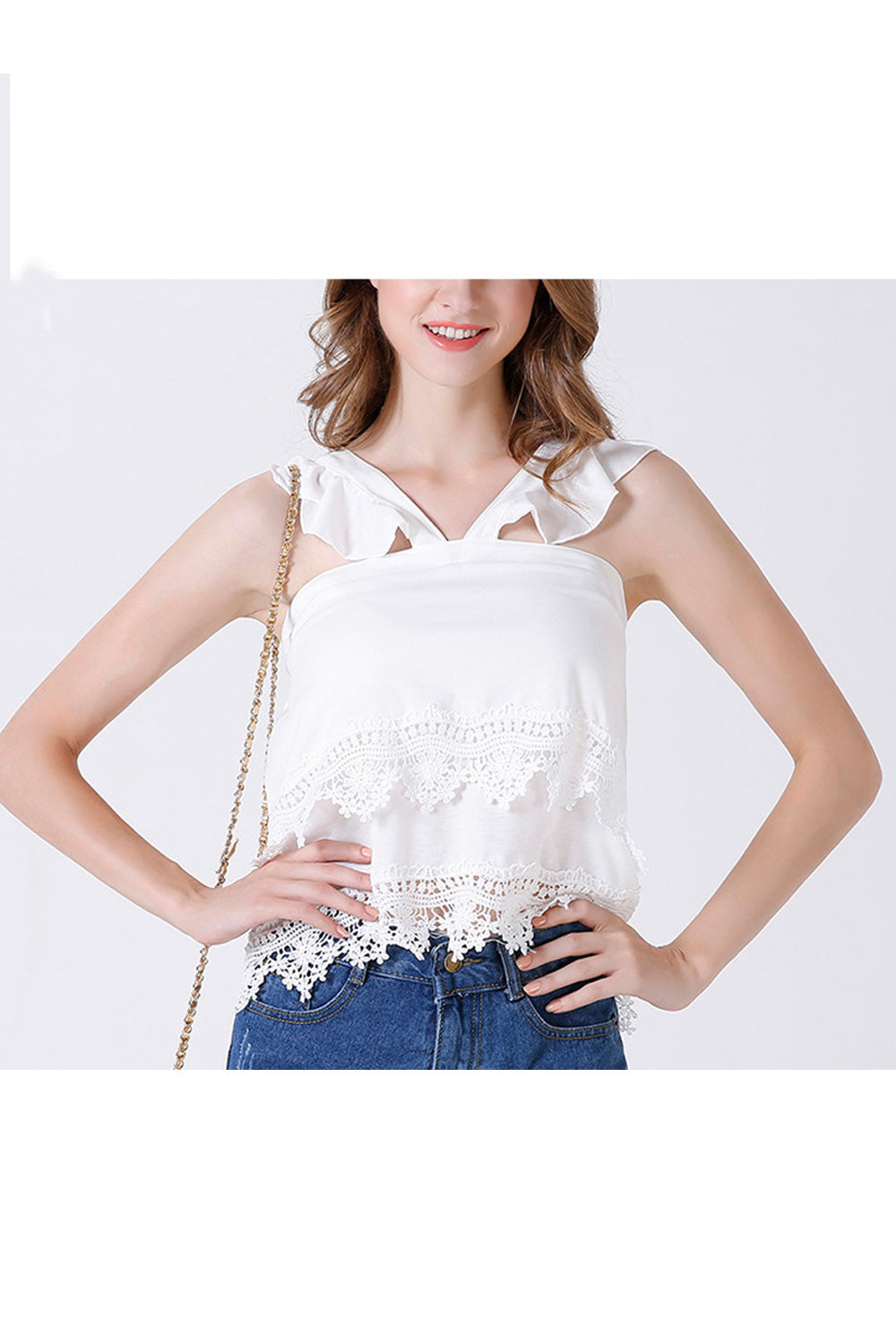 Women Shoulder Strap Hollow Lace V-Neck Soft Top