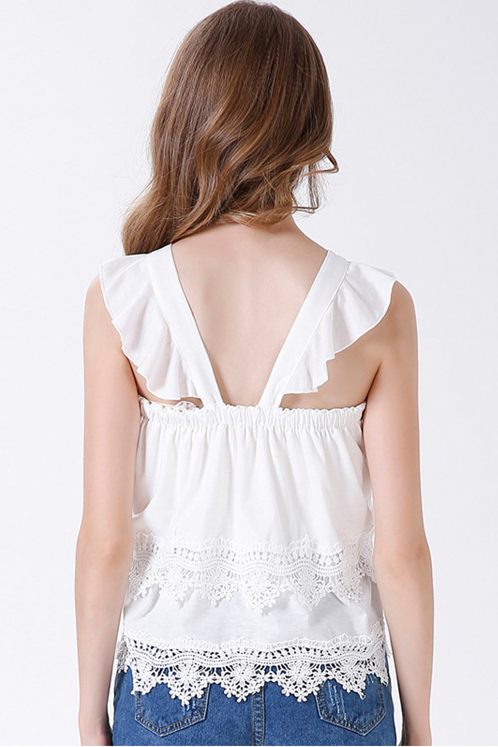 Women Shoulder Strap Hollow Lace V-Neck Soft Top