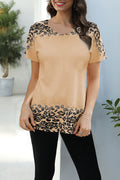 Women Short Sleeve Leopard Pattern Round Neck Breathable Soft T-Shirt