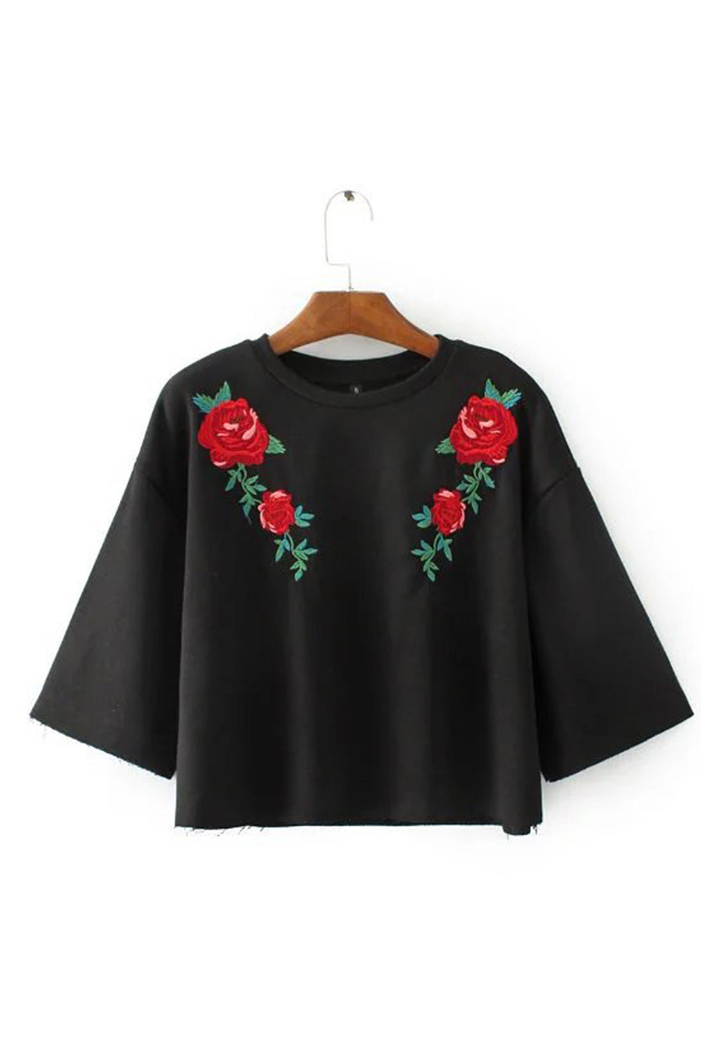 Women Flower Embroidered Beautiful Round Neck Half Sleeve Sweatshirt