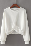 Women Elegant Solid Pattern Ribbed Cuff Long Sleeve Round Neck Sweatshirt
