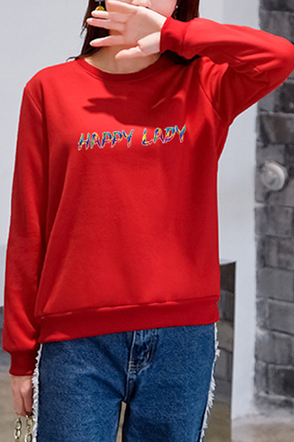 Women Ribbed Cuff Breathable Round Neck Thick Sweatshirt