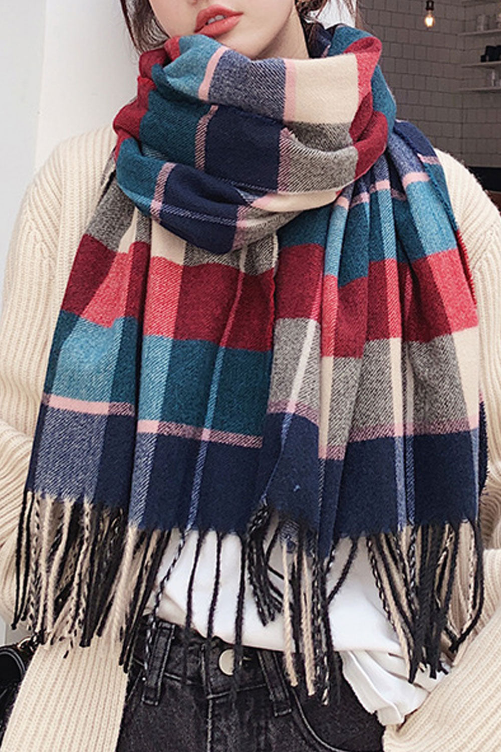 Women Trendy Plaid Pattern Long Length Tassel Decorated Soft Muffler