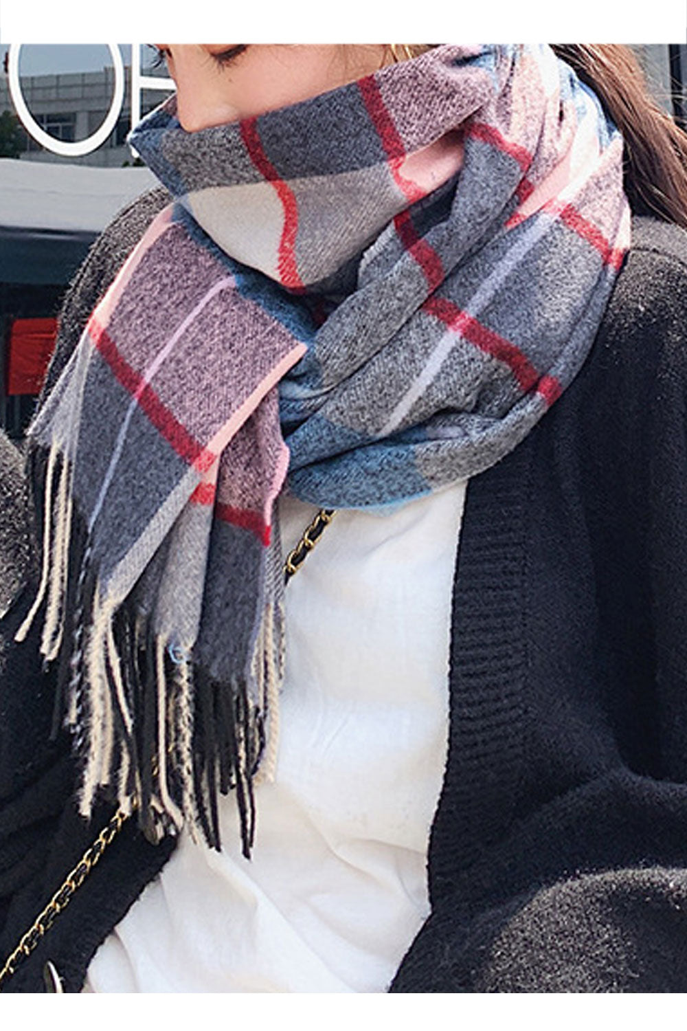 Women Trendy Plaid Pattern Long Length Tassel Decorated Soft Muffler