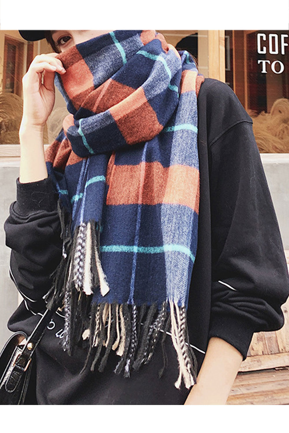 Women Trendy Plaid Pattern Long Length Tassel Decorated Soft Muffler