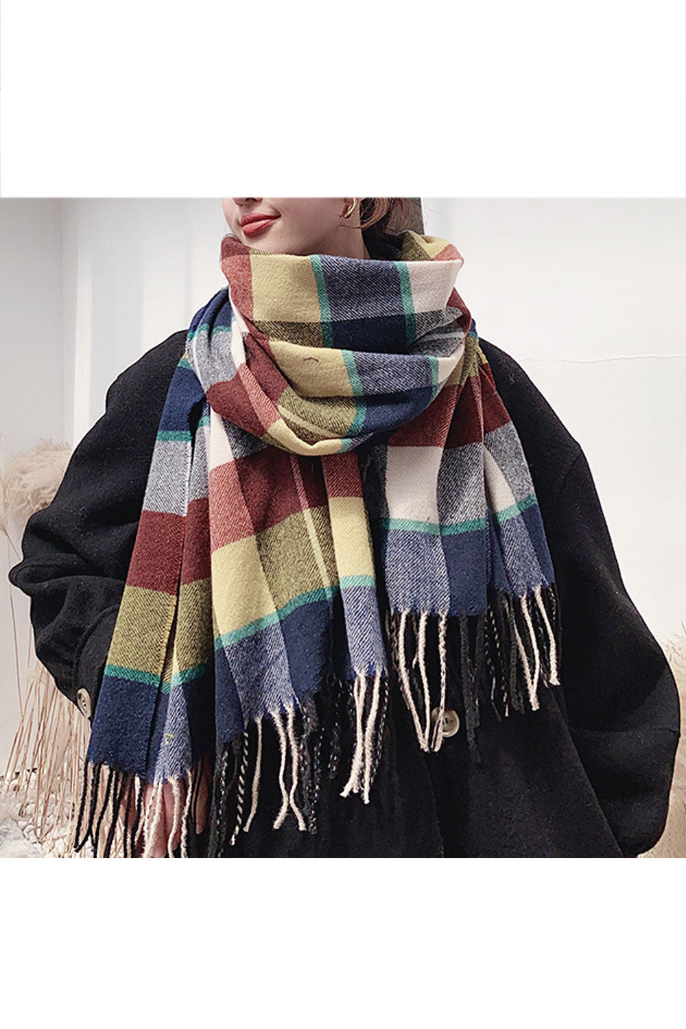 Women Trendy Plaid Pattern Long Length Tassel Decorated Soft Muffler