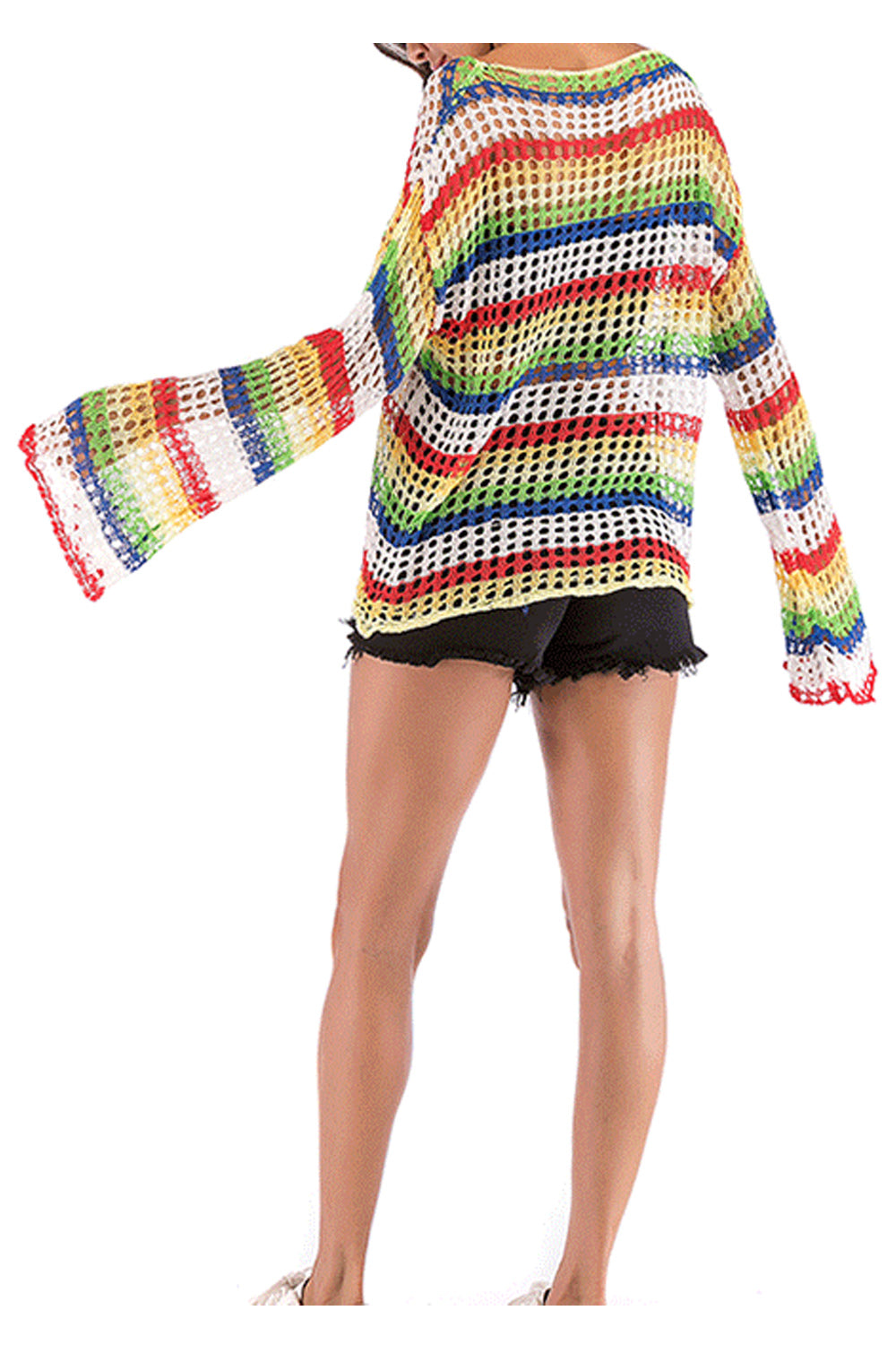 Women Soft Loose Fit Long Sleeve Rainbow Striped Sweater