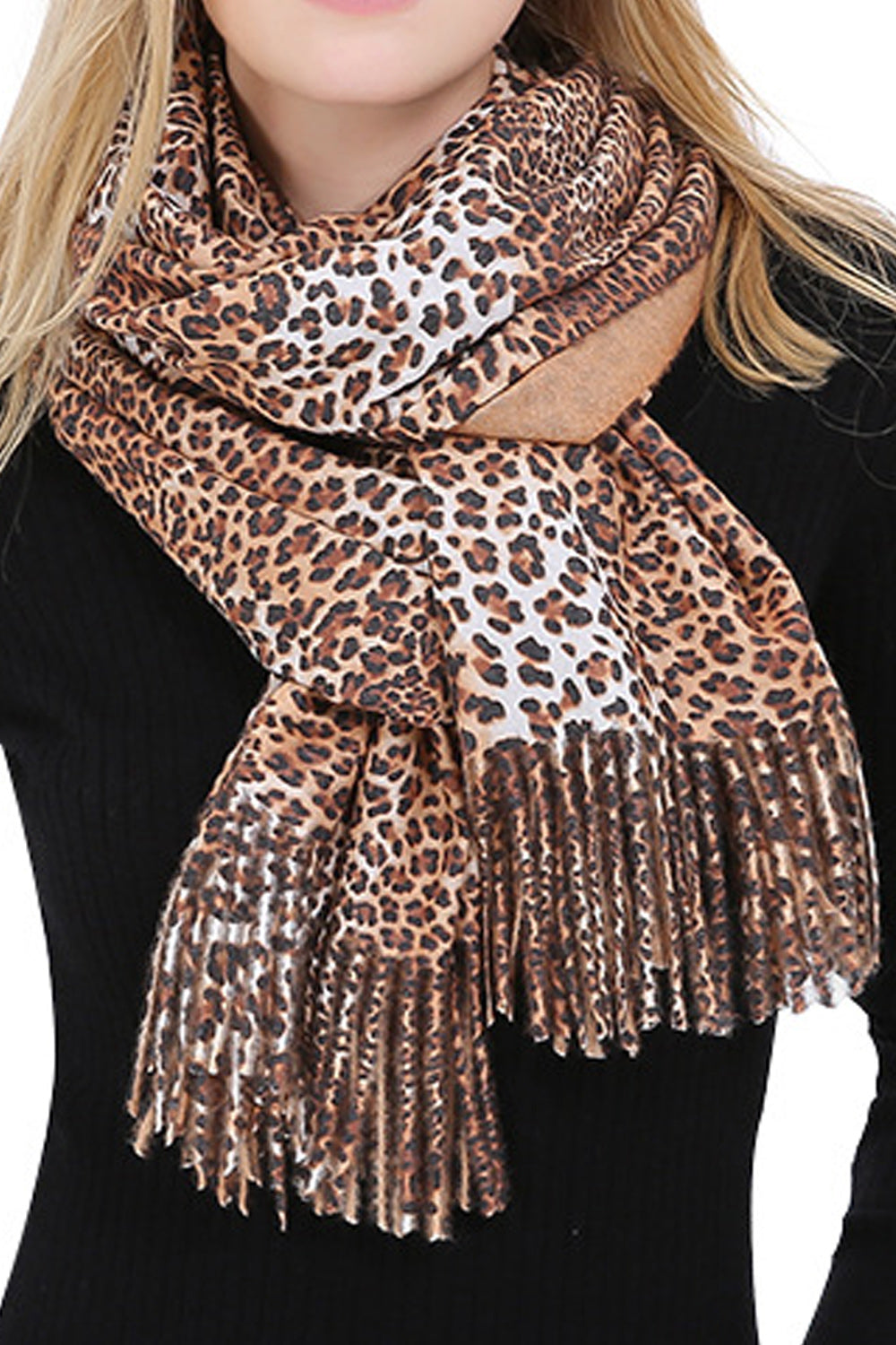 Women Pretty Leopard Pattern Tassel Decorated Long Length Muffler