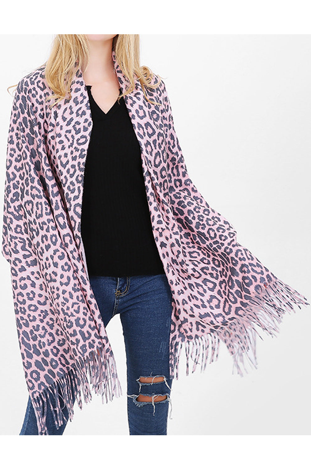 Women Pretty Leopard Pattern Tassel Decorated Long Length Muffler