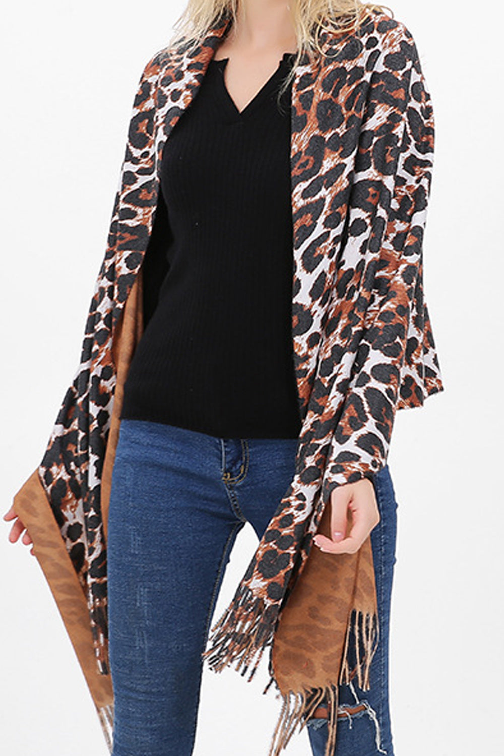 Women Pretty Leopard Pattern Tassel Decorated Long Length Muffler