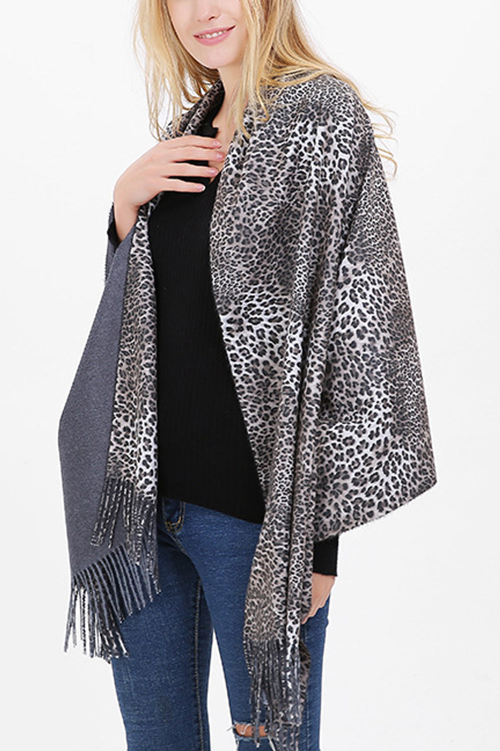 Women Pretty Leopard Pattern Tassel Decorated Long Length Muffler