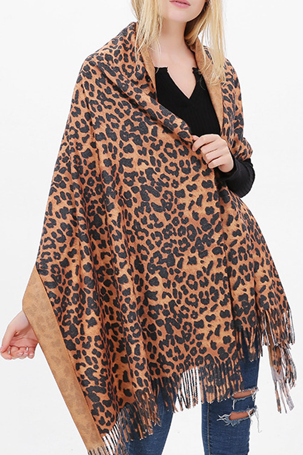 Women Pretty Leopard Pattern Tassel Decorated Long Length Muffler
