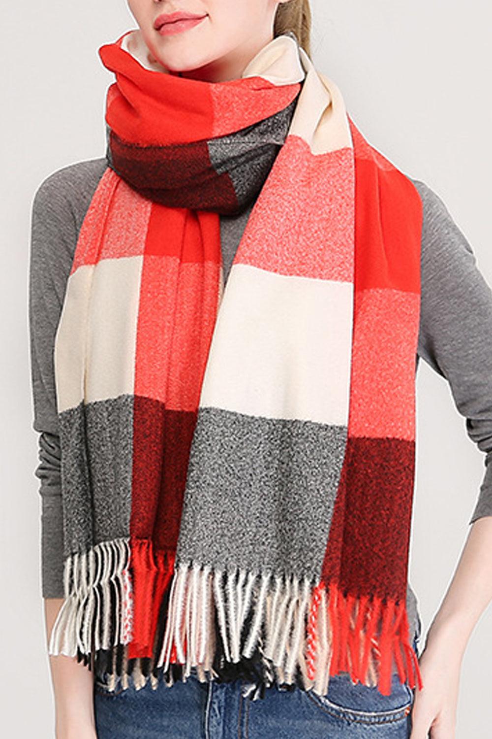 Women Casual Thick Tassel Decorated Plaid Pattern Elegant Muffler