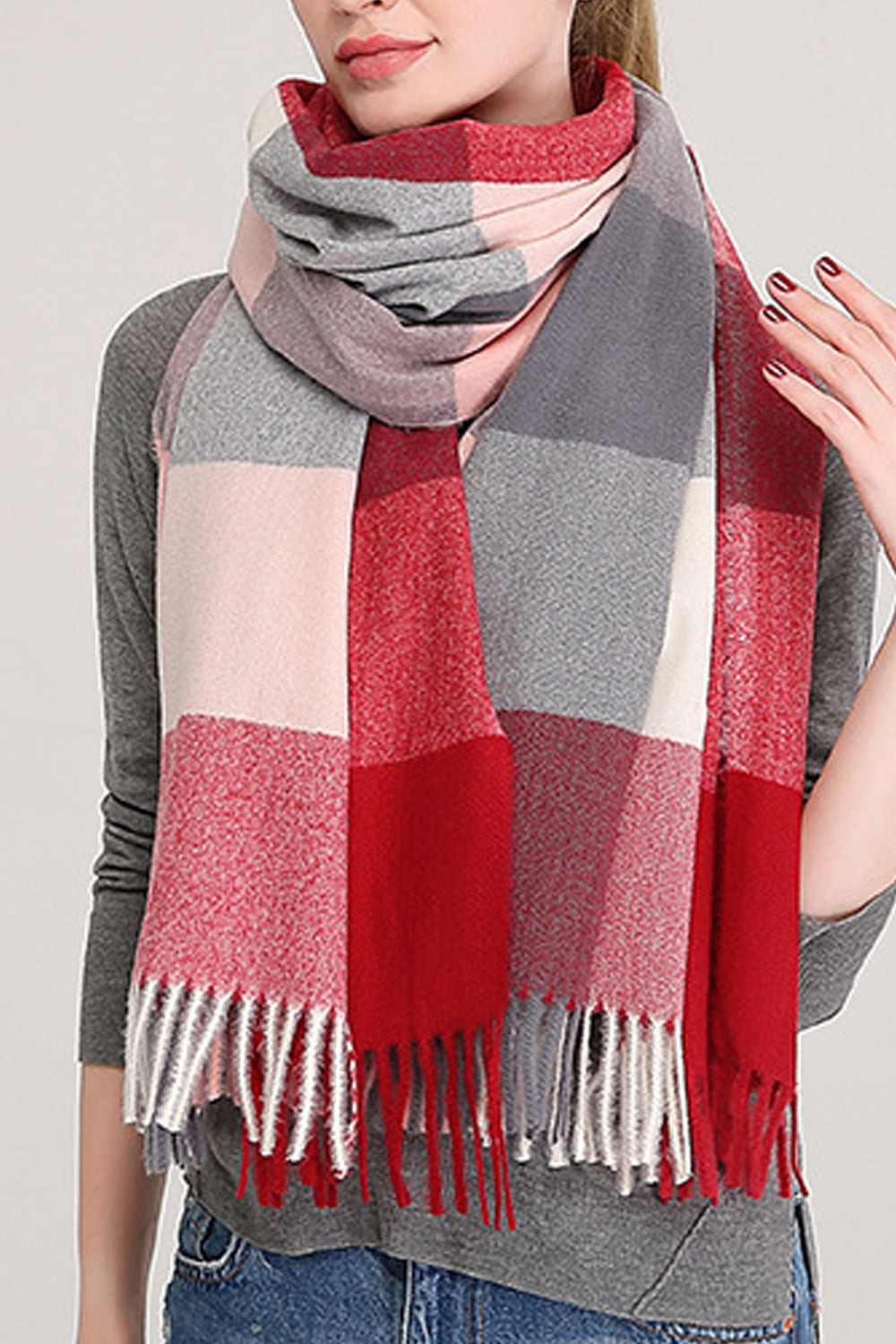 Women Casual Thick Tassel Decorated Plaid Pattern Elegant Muffler