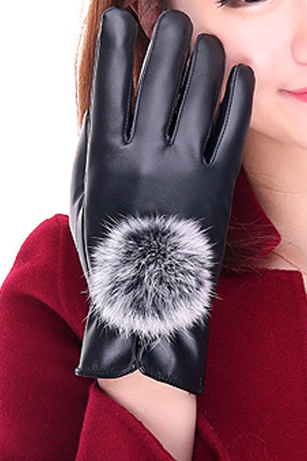 Women Cute Soft Hair Ball Attached Cozy Solid Colored PU Gloves