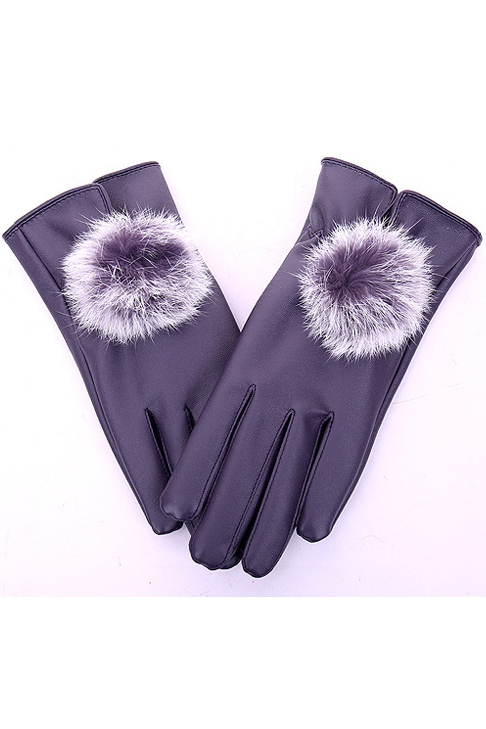 Women Cute Soft Hair Ball Attached Cozy Solid Colored PU Gloves