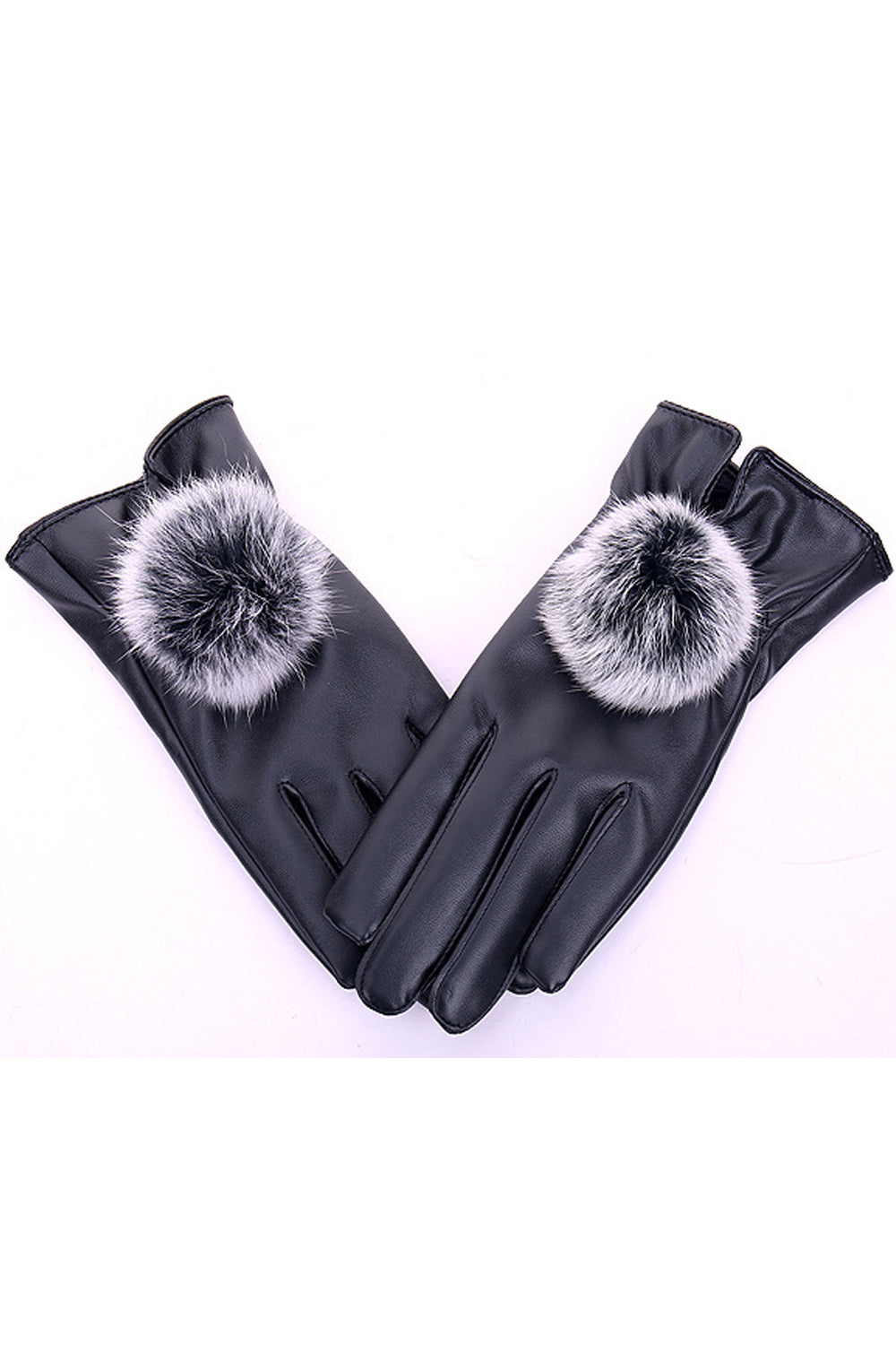Women Cute Soft Hair Ball Attached Cozy Solid Colored PU Gloves