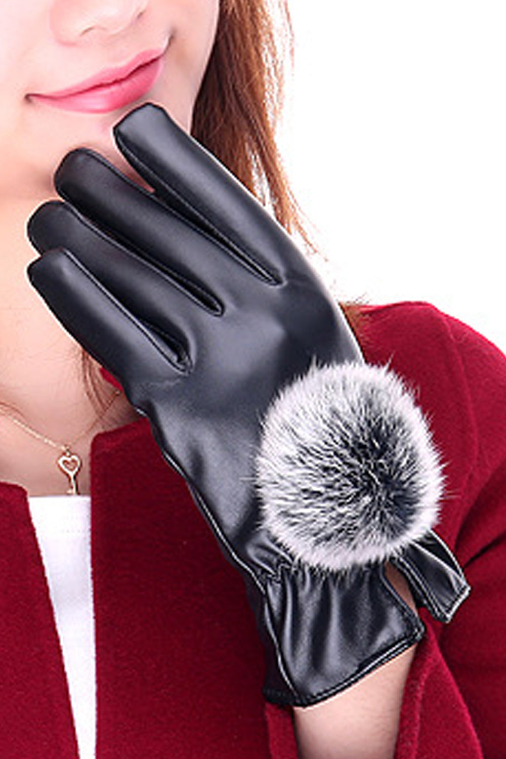 Women Cute Soft Hair Ball Attached Cozy Solid Colored PU Gloves