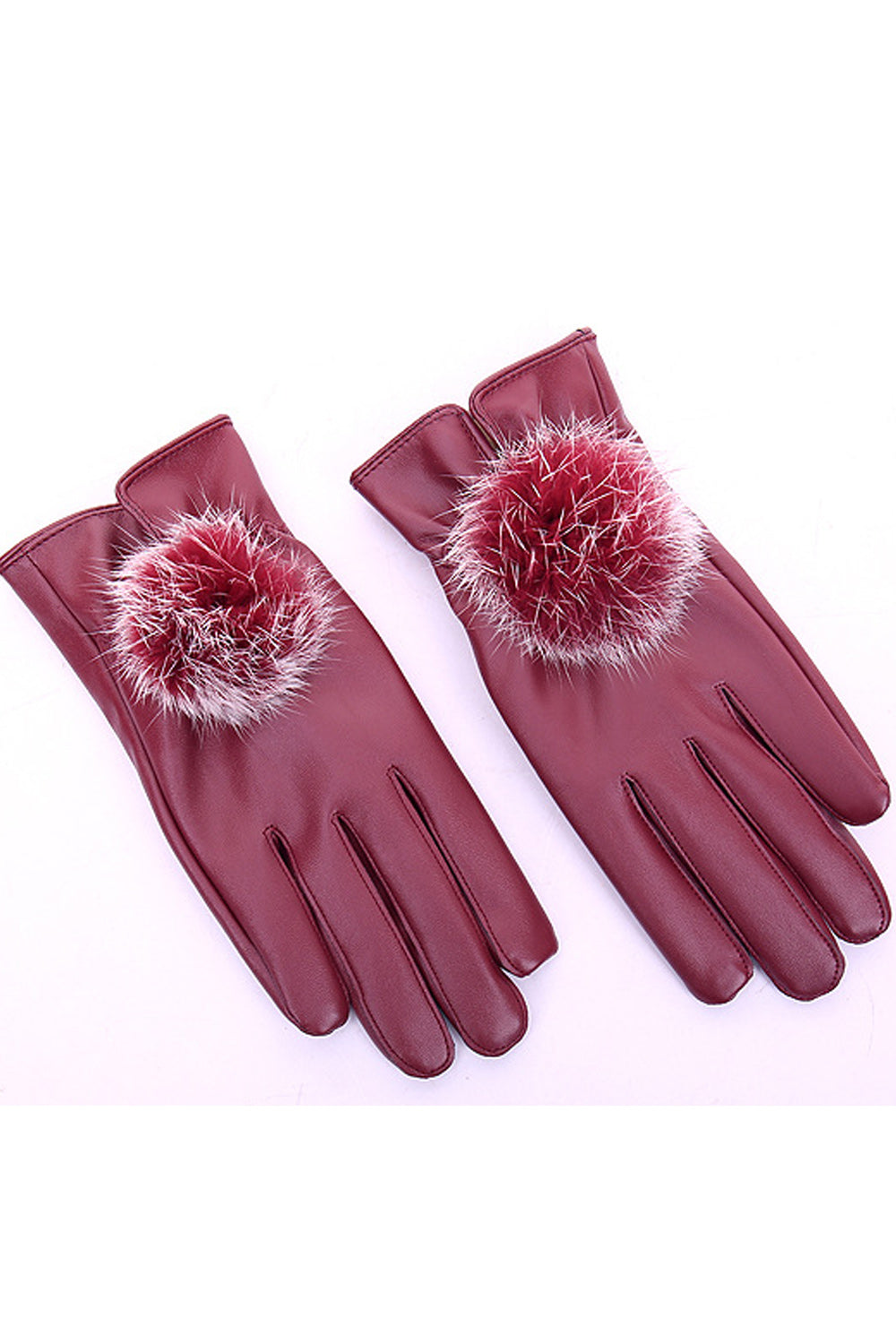 Women Cute Soft Hair Ball Attached Cozy Solid Colored PU Gloves