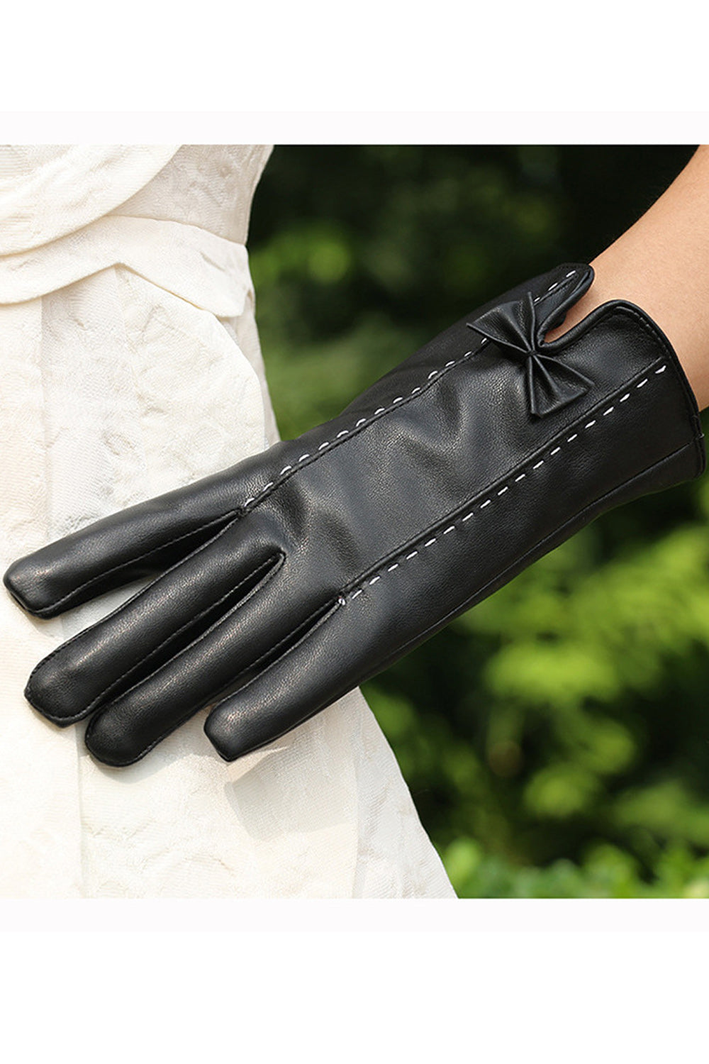 Women Classic Winter Bow Knotted Cozy PU Leather Gloves