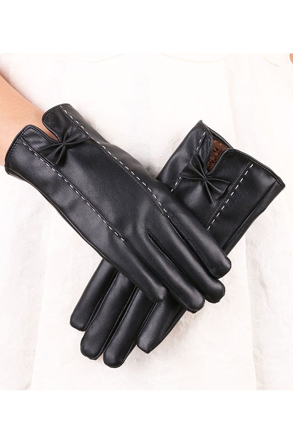 Women Classic Winter Bow Knotted Cozy PU Leather Gloves