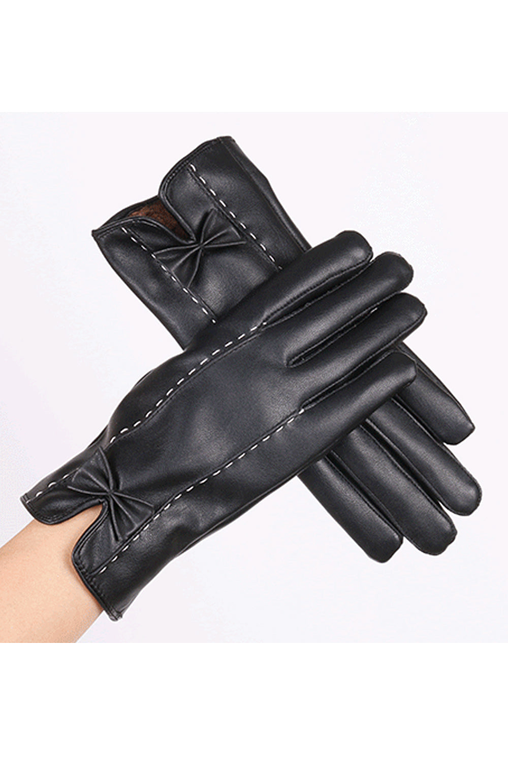 Women Classic Winter Bow Knotted Cozy PU Leather Gloves