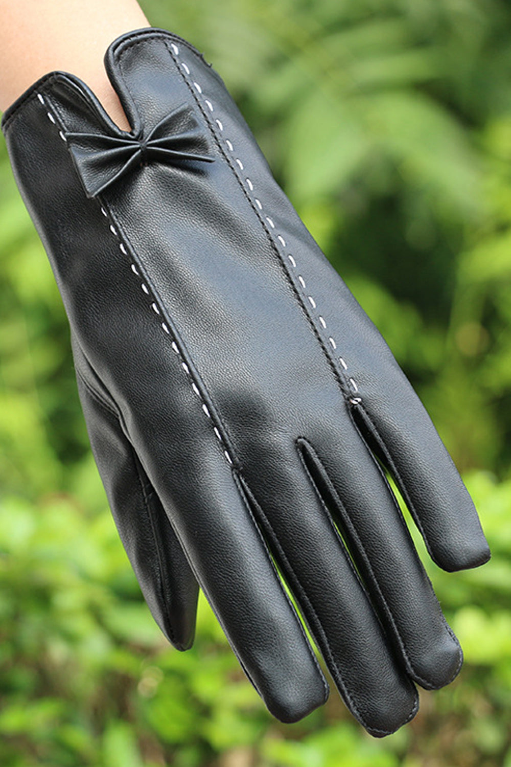 Women Classic Winter Bow Knotted Cozy PU Leather Gloves