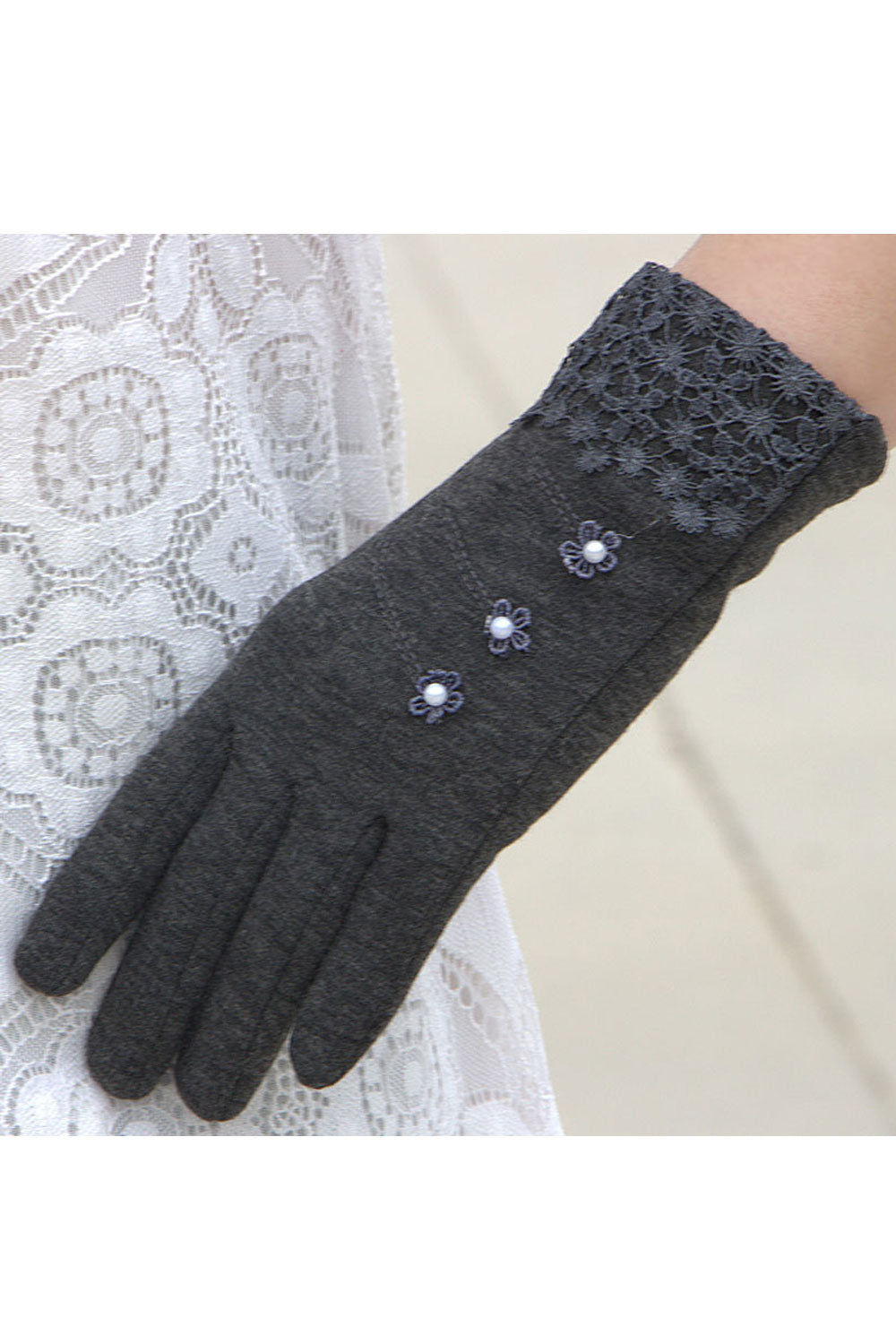 Women Lace Decorated Solid Pattern Cozy Gloves