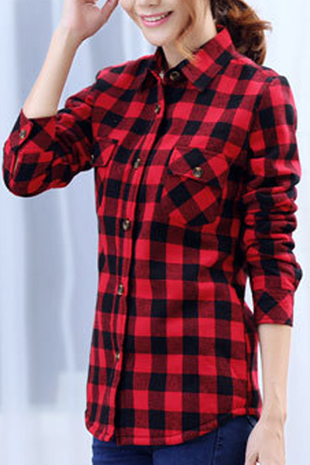 Women Pocket Styling Plaid Pattern Lovely Casual Shirt