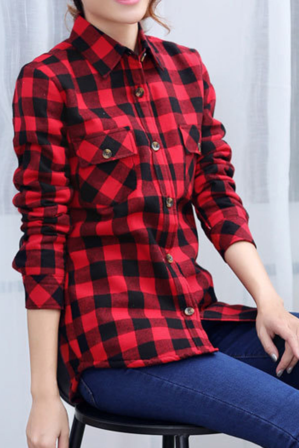 Women Pocket Styling Plaid Pattern Lovely Casual Shirt