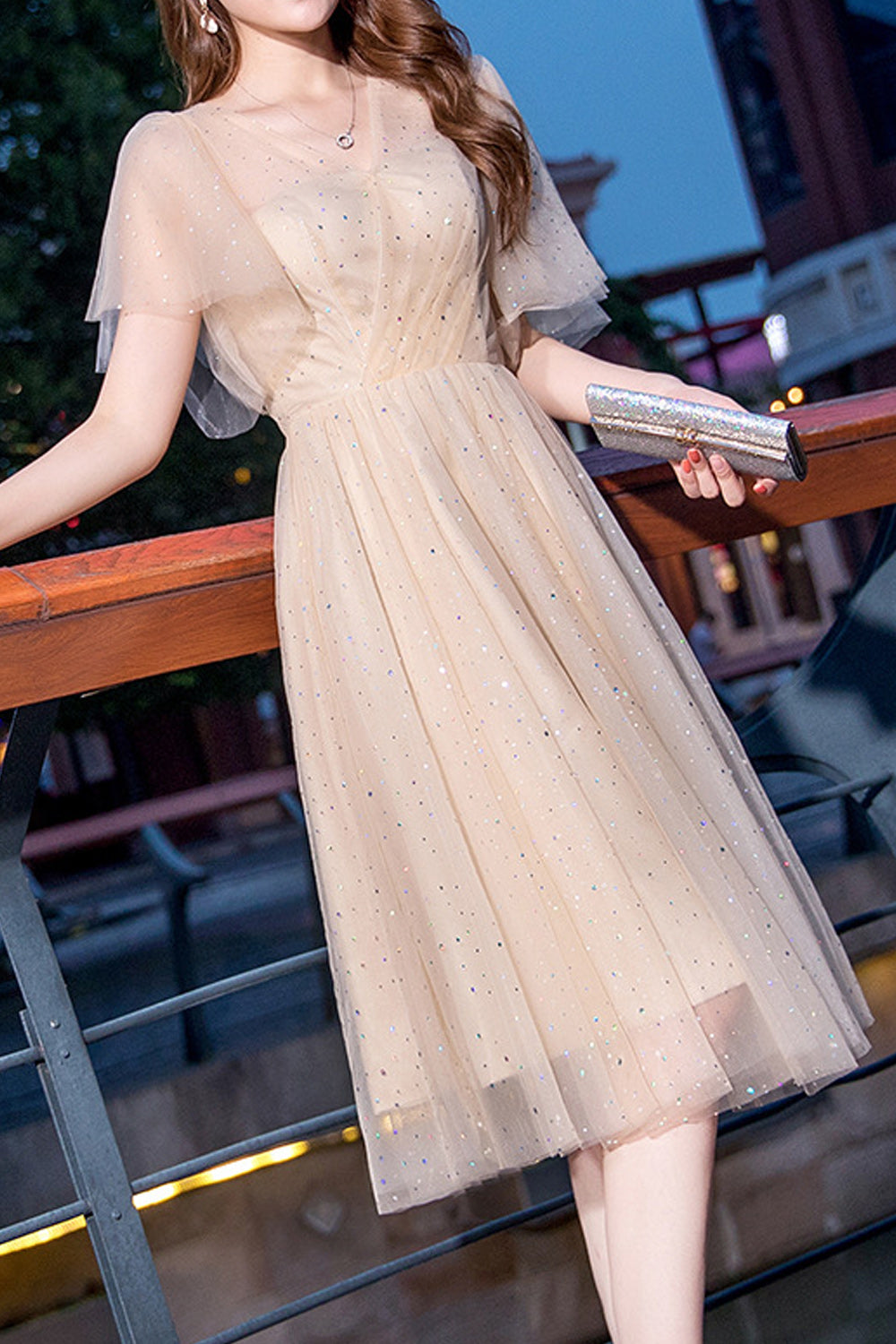 Women V-Neck Style Thin Fabric Comfortable Solid Colored Wedding Party Dress