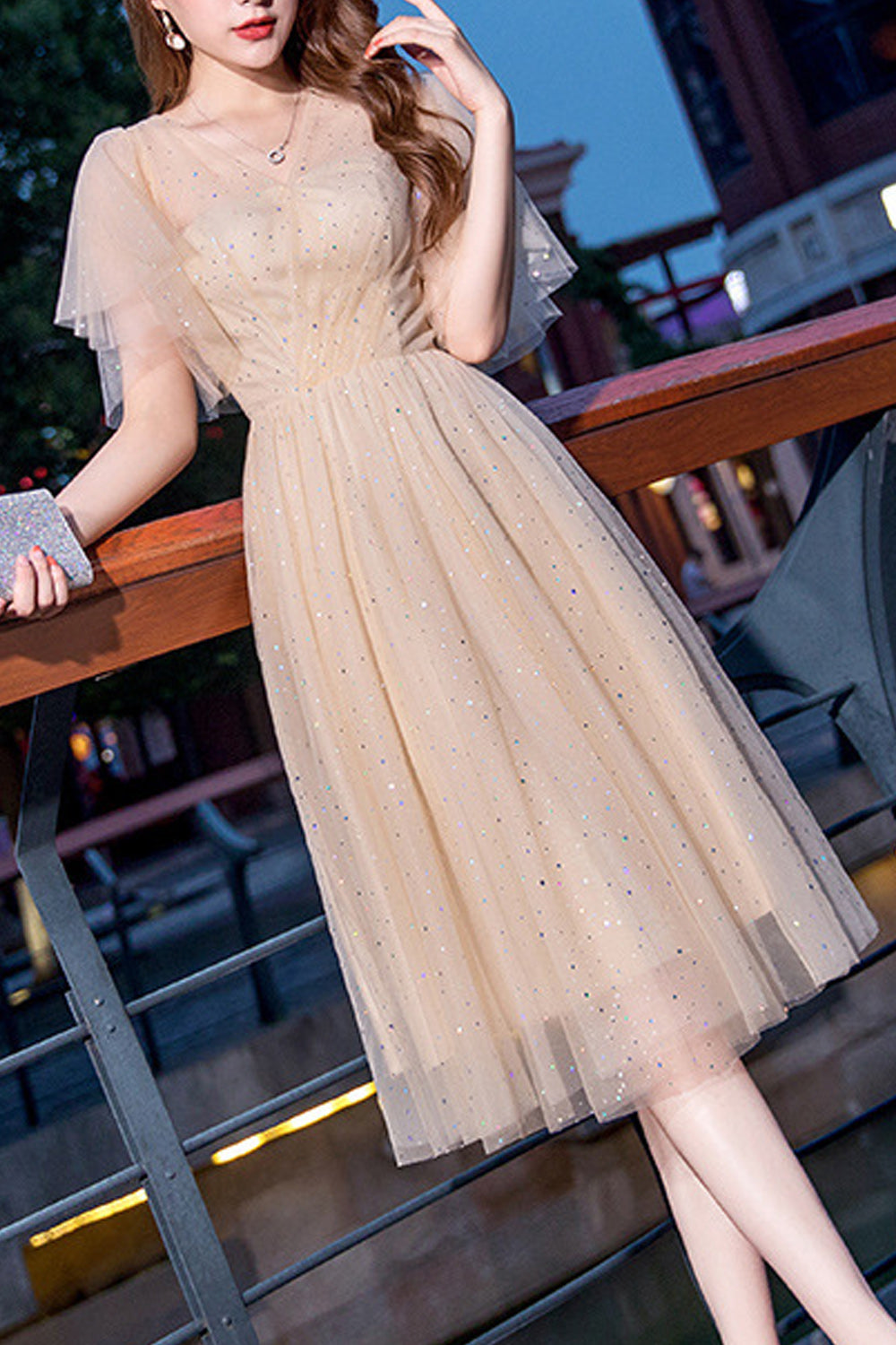 Women V-Neck Style Thin Fabric Comfortable Solid Colored Wedding Party Dress