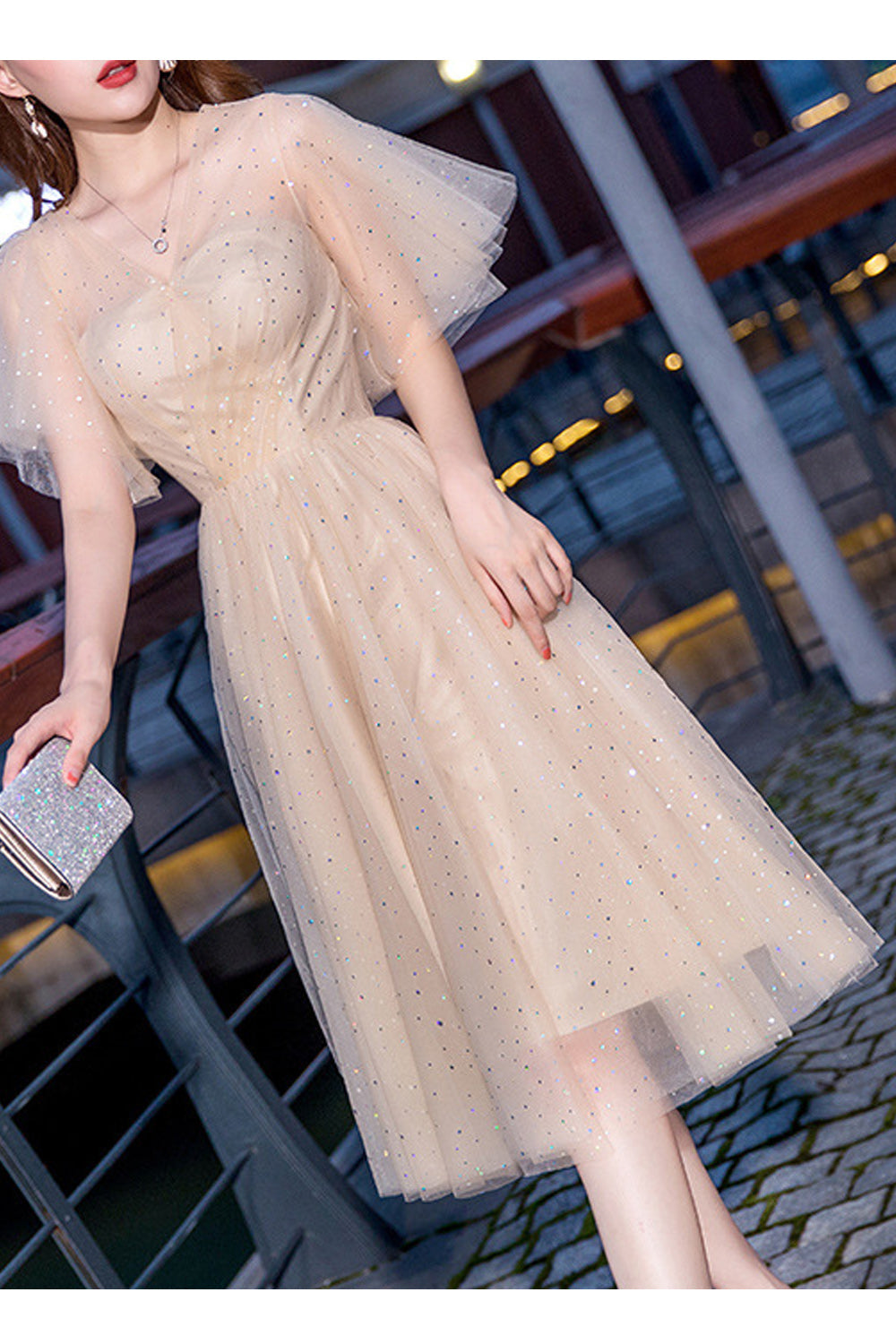 Women V-Neck Style Thin Fabric Comfortable Solid Colored Wedding Party Dress