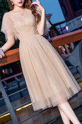 Women V-Neck Style Thin Fabric Comfortable Solid Colored Wedding Party Dress