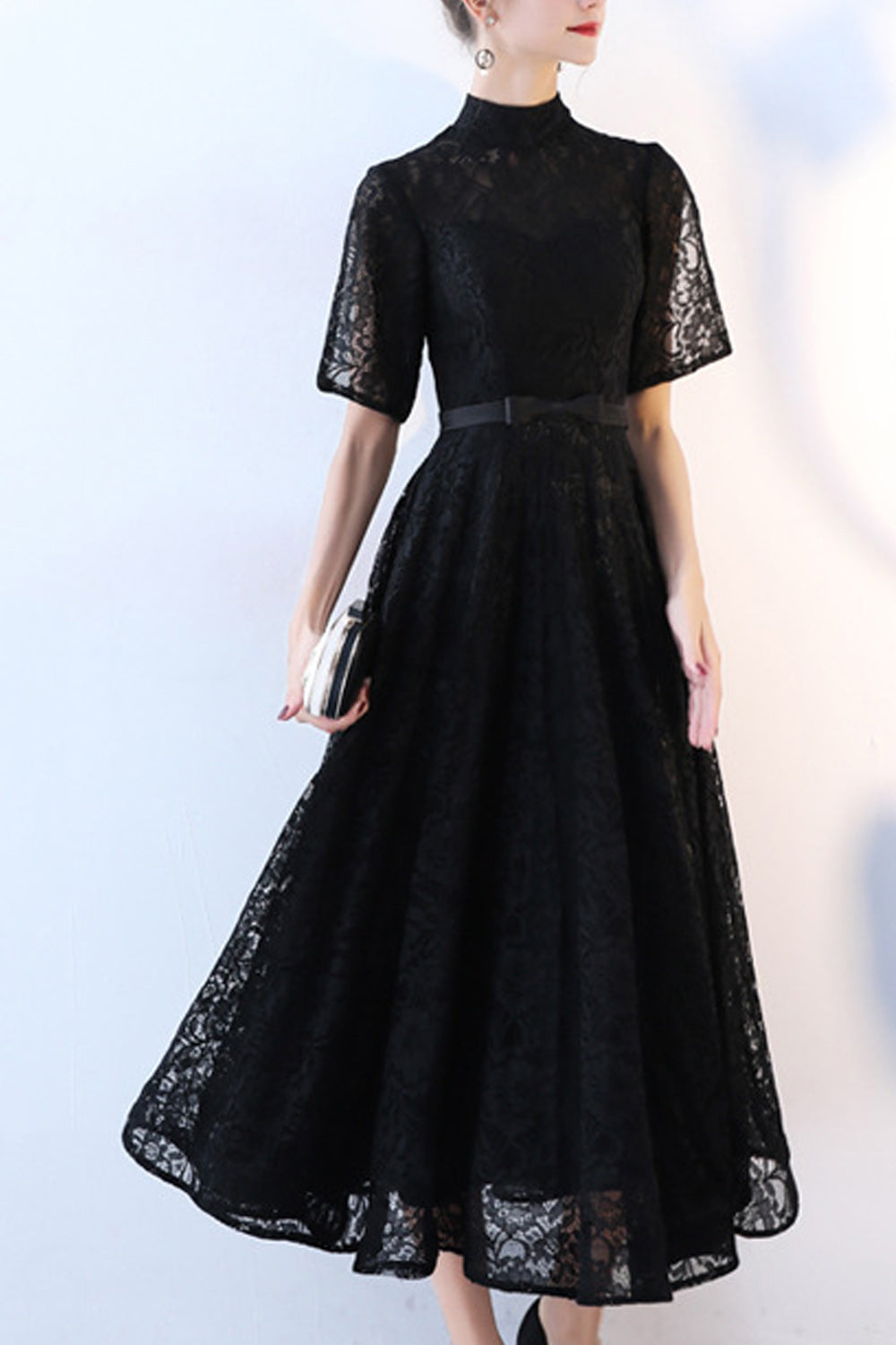 Women Half Sleeve Stand Collar Solid Pattern Decent Evening Party Dress