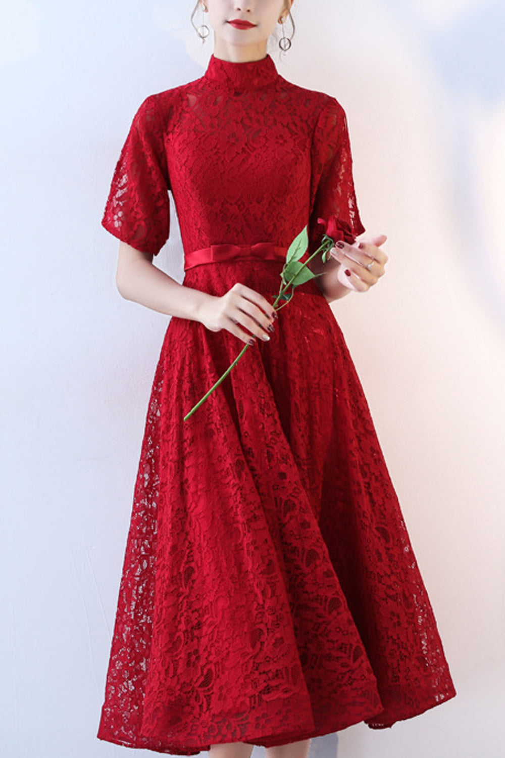 Women Half Sleeve Stand Collar Solid Pattern Decent Evening Party Dress
