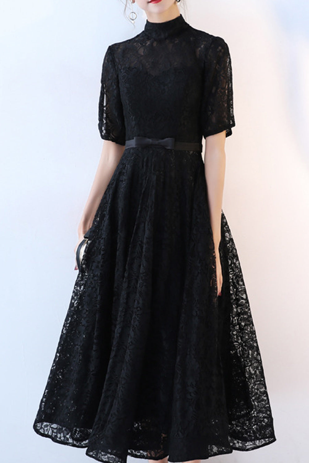 Women Half Sleeve Stand Collar Solid Pattern Decent Evening Party Dress