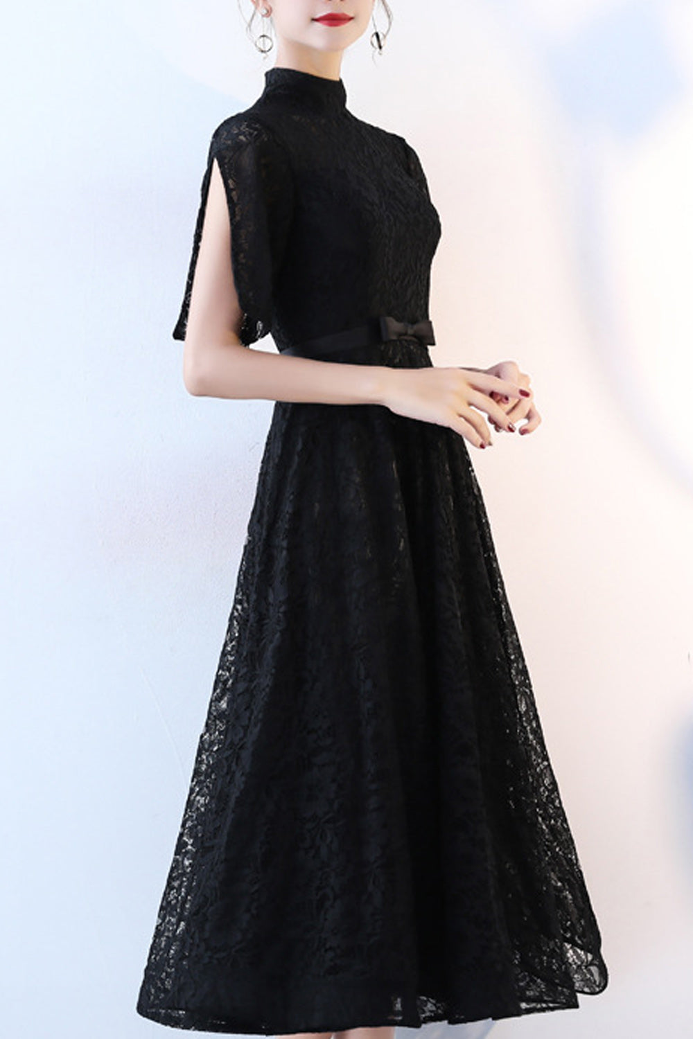 Women Half Sleeve Stand Collar Solid Pattern Decent Evening Party Dress