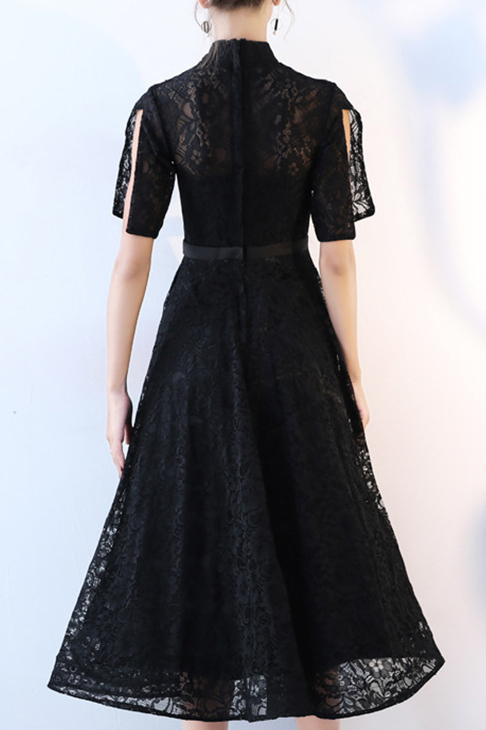 Women Half Sleeve Stand Collar Solid Pattern Decent Evening Party Dress