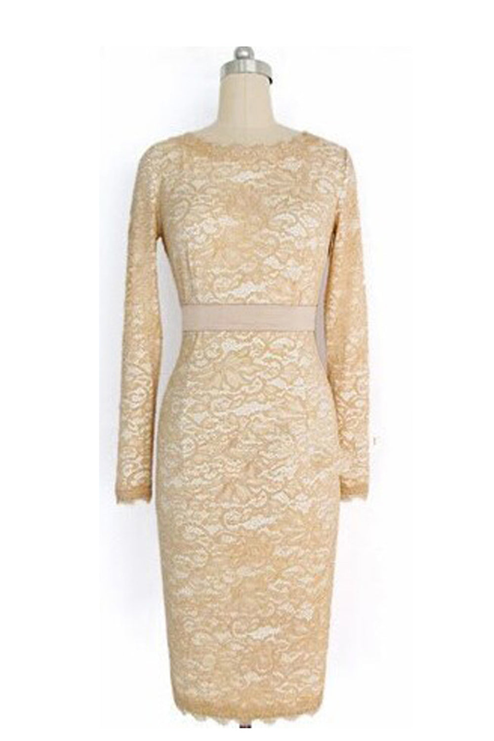 TOMCARRY WOMEN ELEGANT LONG SLEEVES LACE DRESS WITH BELT BEIGE