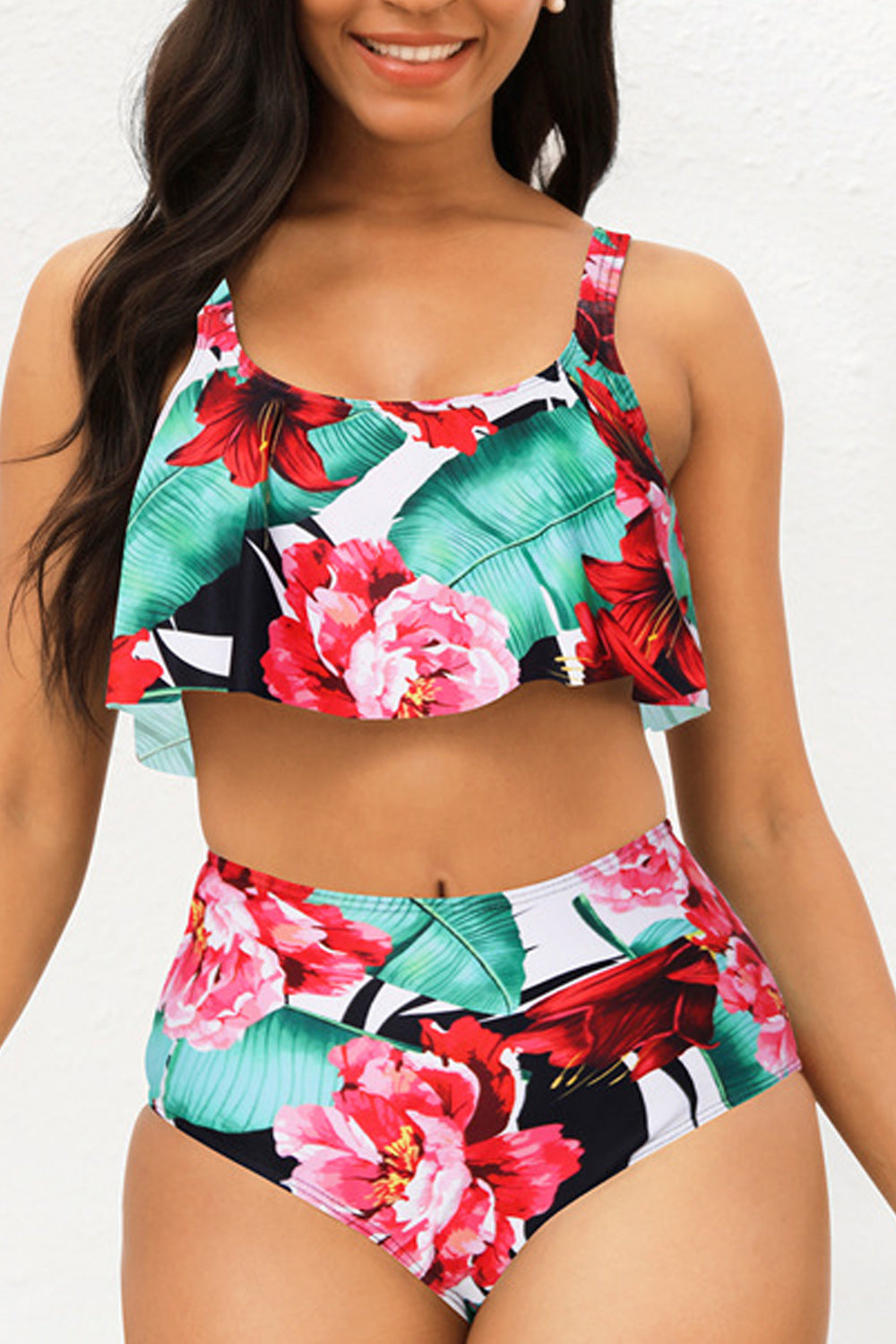 Women Versatile Beautiful Flower Printed High Waist Two Piece Swimwear