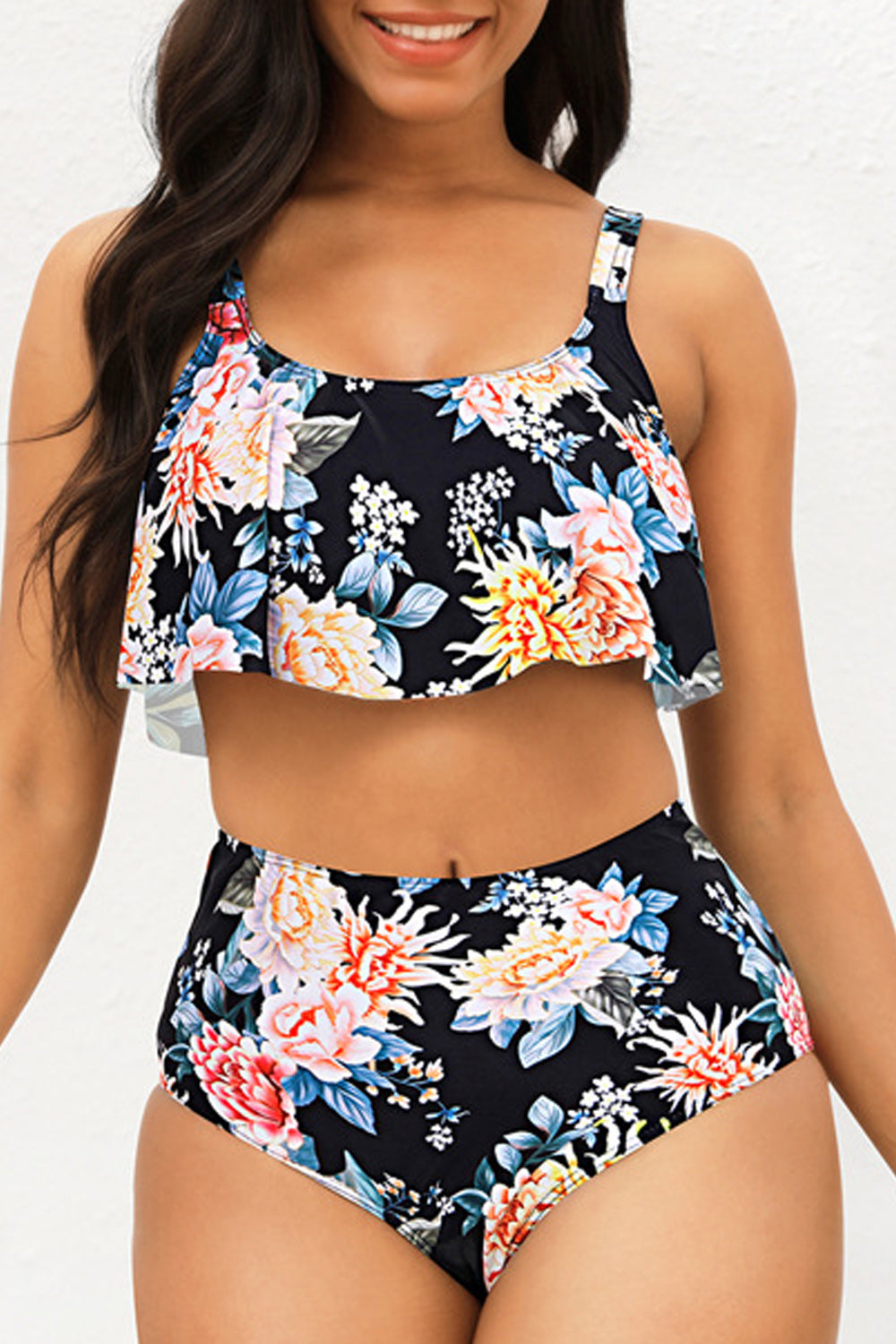 Women Versatile Beautiful Flower Printed High Waist Two Piece Swimwear