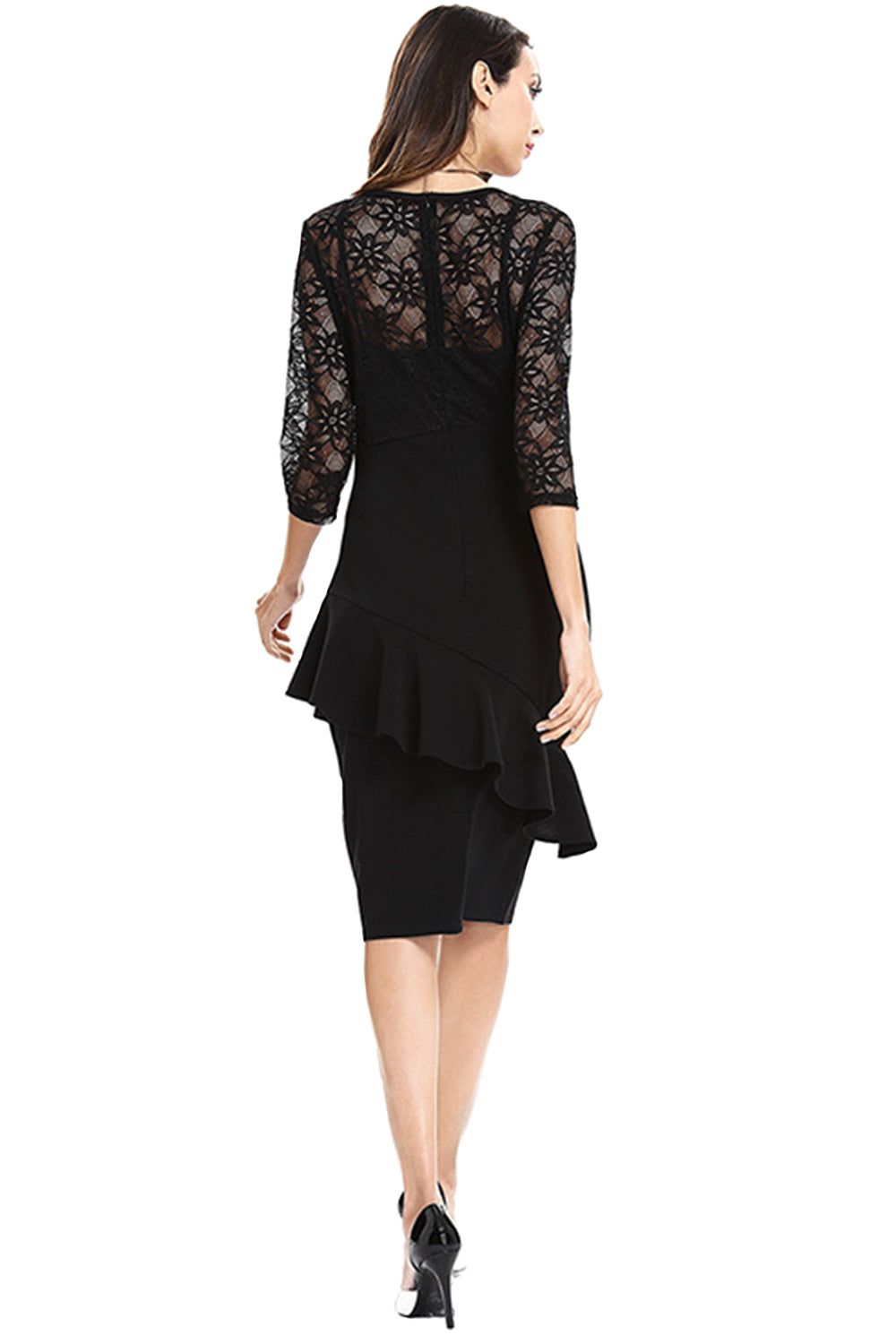 Women Round Neck Pencil Party Dress Black