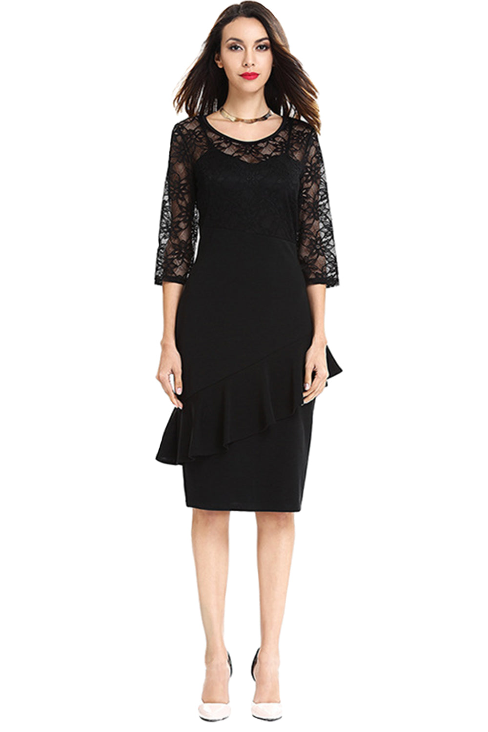 Women Round Neck Pencil Party Dress Black