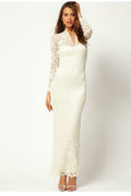 Women V-Neck Long-Sleeved Full Length Maxi Dress White
